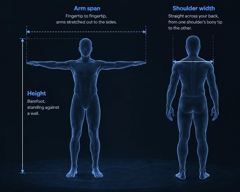 Front view with arms out showing height and arm span, and back view showing shoulder width